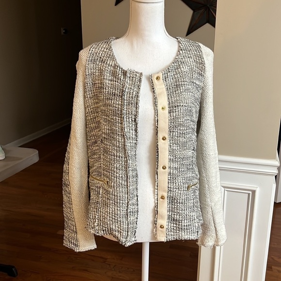 Anthropologie Cartonnier Sweater Glimmered Metallic Tweed Knit snap closure Med - Picture 8 of 13